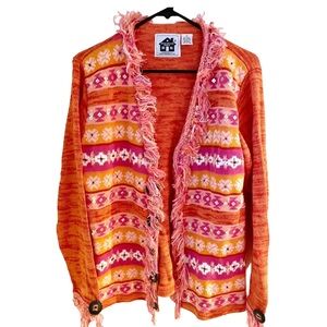 Rare Vintage Storybook Knits Fringe Cardigan – Bold Floral & Geometric Y2K Knit